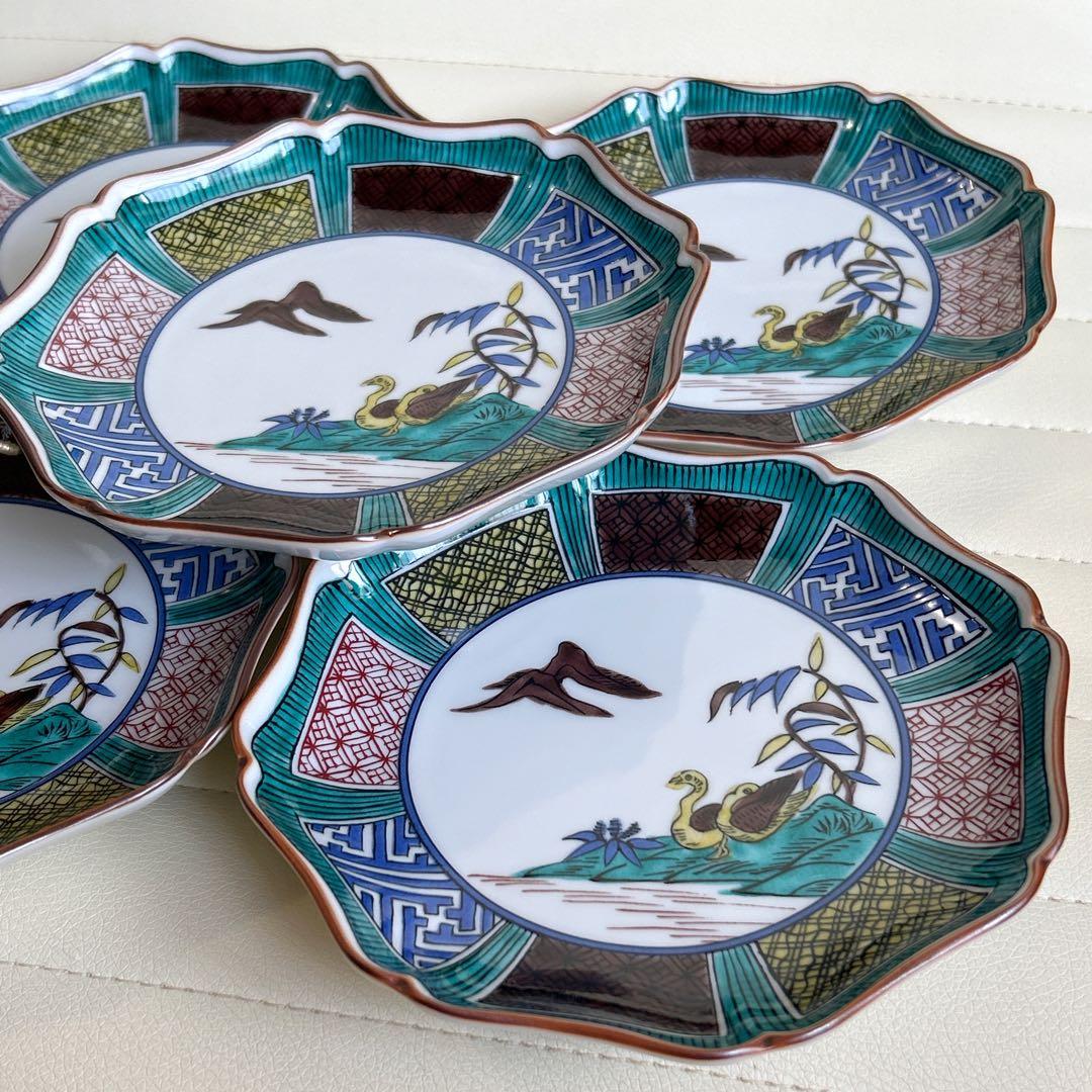 九谷焼 暁堂 八角皿揃 5枚セット 色絵 花鳥図 中皿 銘々皿 輪花皿