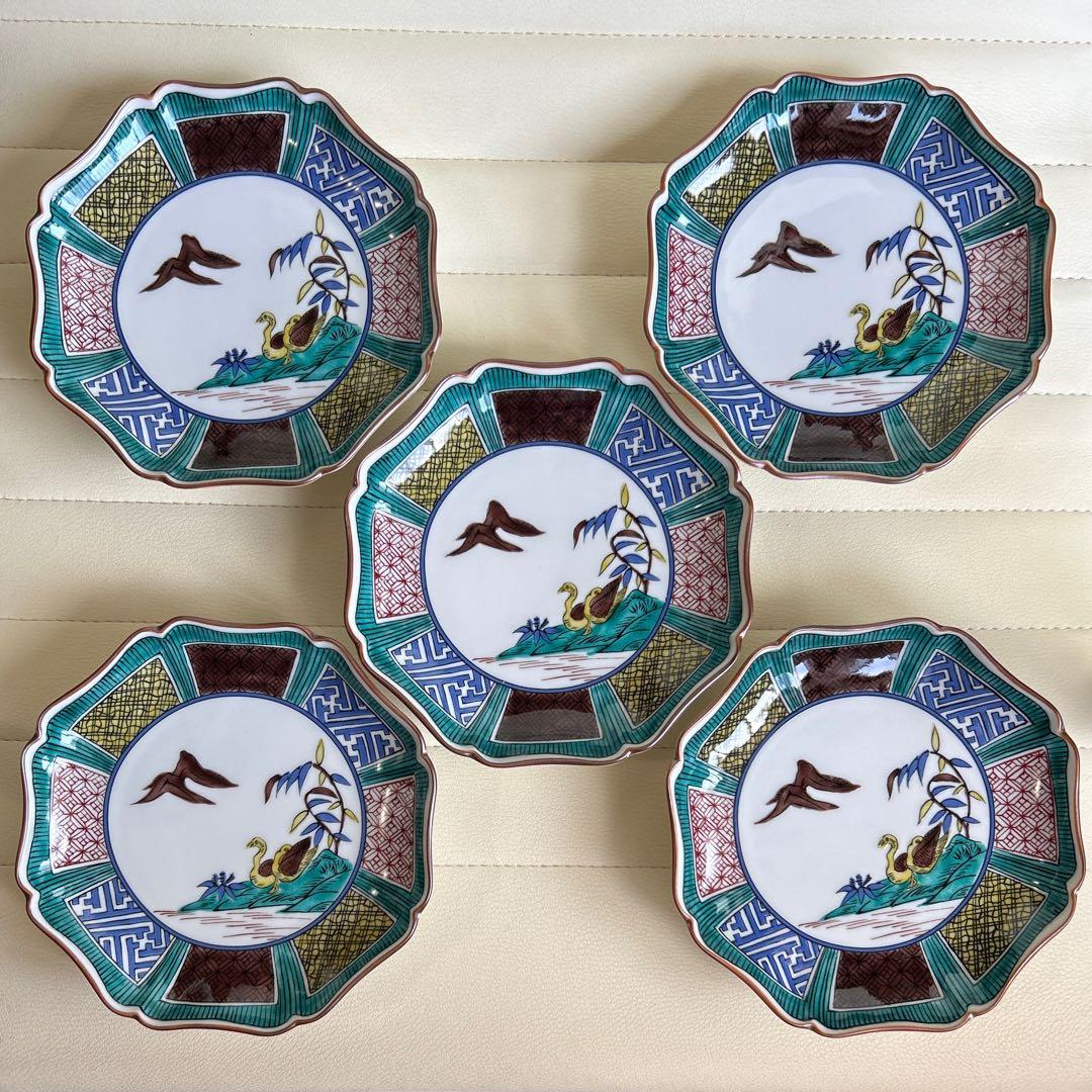九谷焼 暁堂 八角皿揃 5枚セット 色絵 花鳥図 中皿 銘々皿 輪花皿