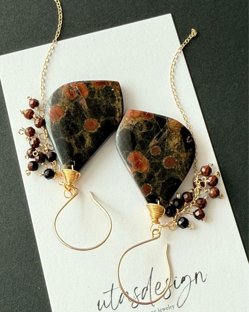 14kgf 天然石　ピーナッツオブシディアン　マホガニーオブシディアン　ピアス