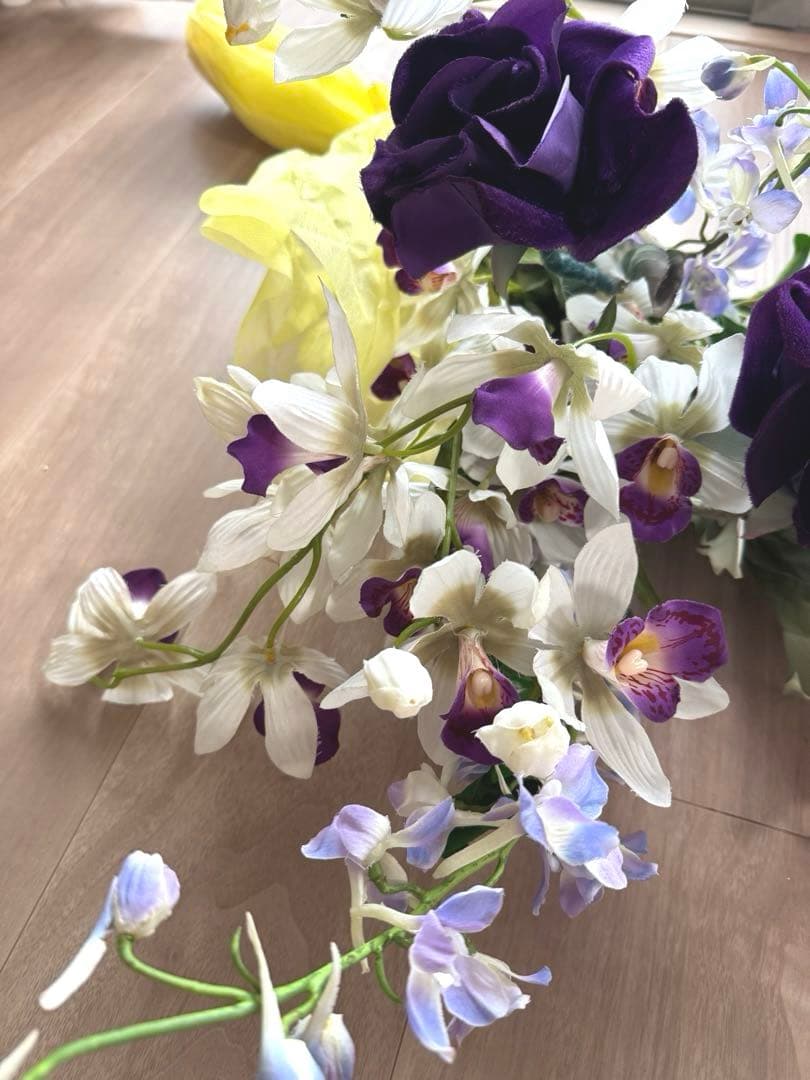 大型 ガラスイエローフラワーベース 造花アレンジ付き