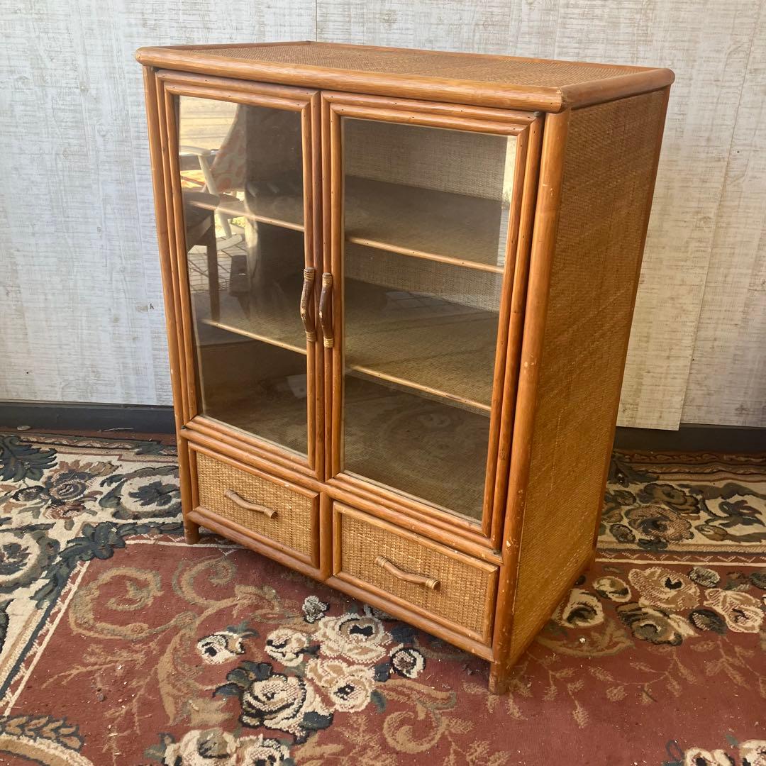 昭和レトロ ラタンキャビネット サイドチェスト 飾り棚 引き出し箪笥 古家具