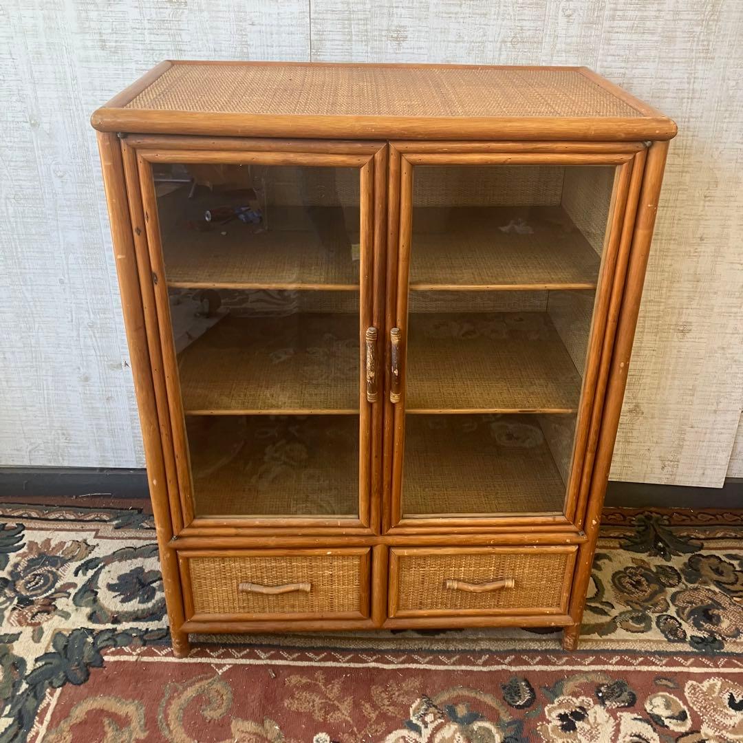 昭和レトロ ラタンキャビネット サイドチェスト 飾り棚 引き出し箪笥 古家具