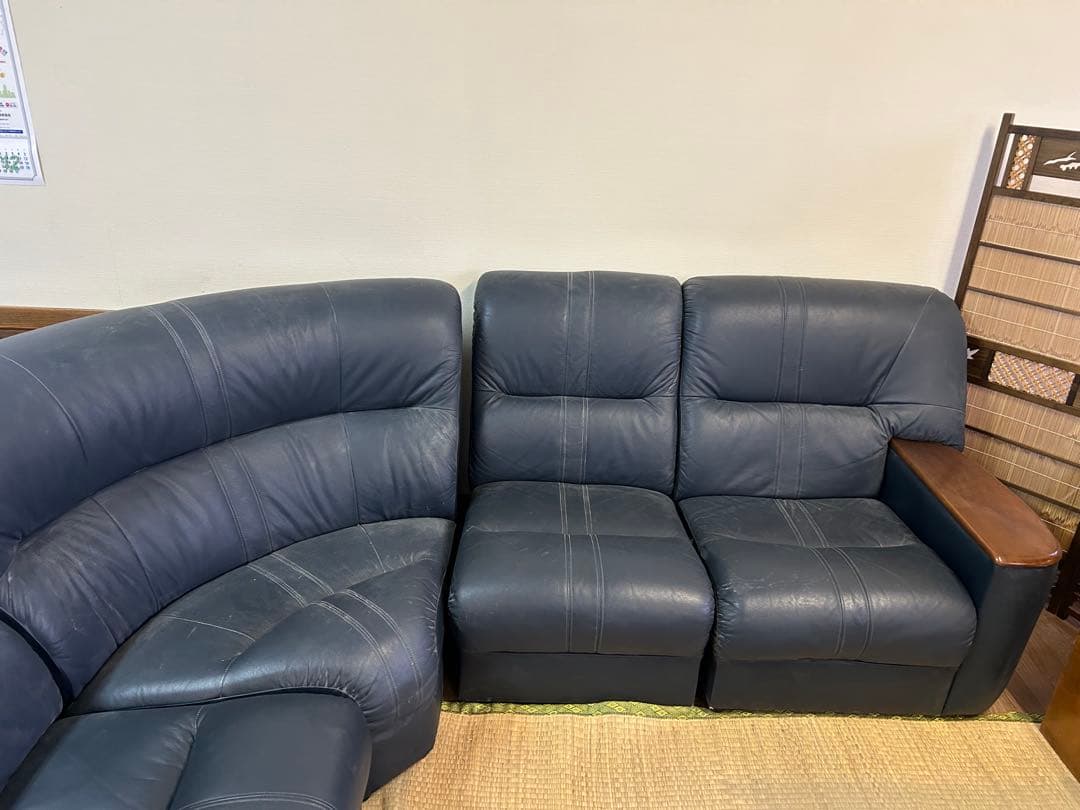 ダークブルー レザー コーナーソファ