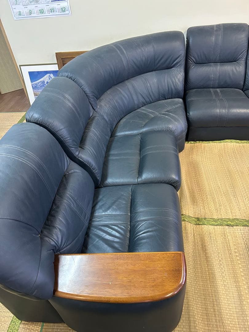 ダークブルー レザー コーナーソファ