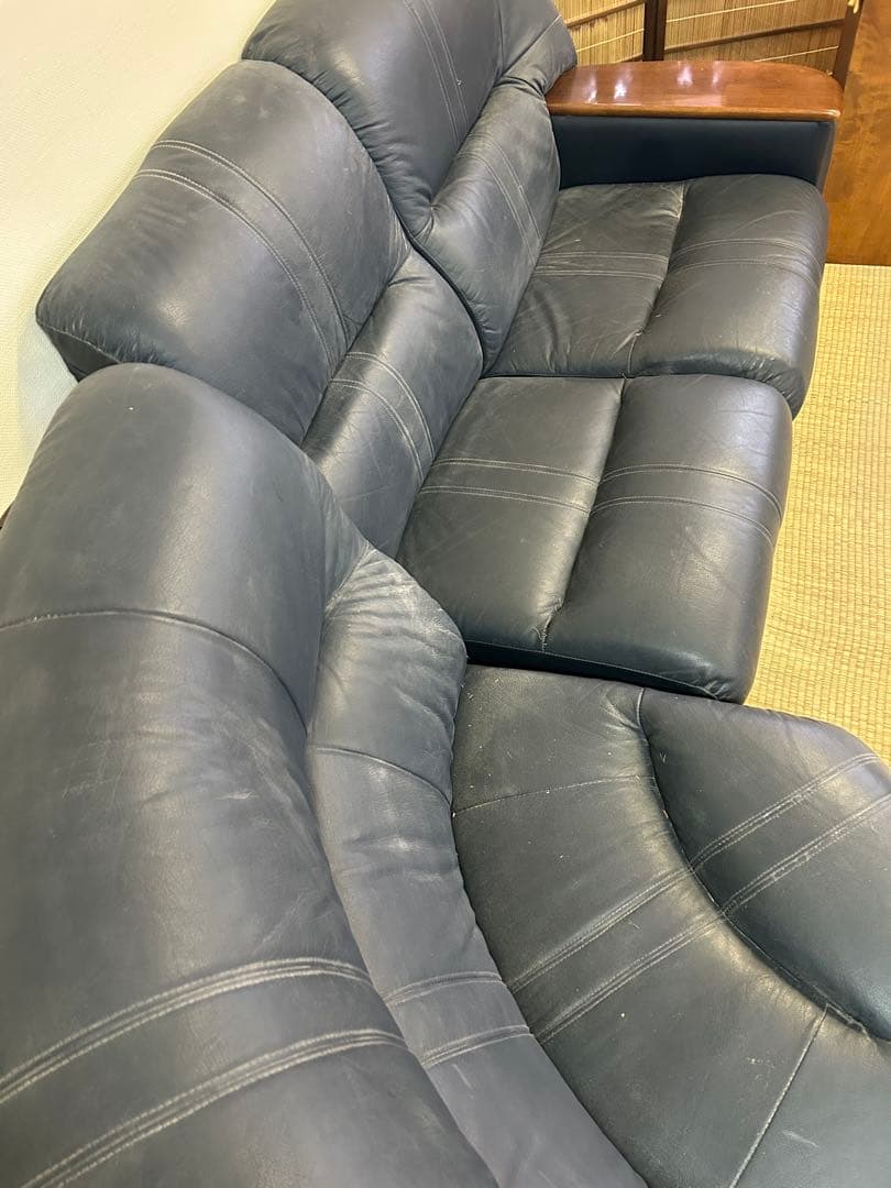 ダークブルー レザー コーナーソファ