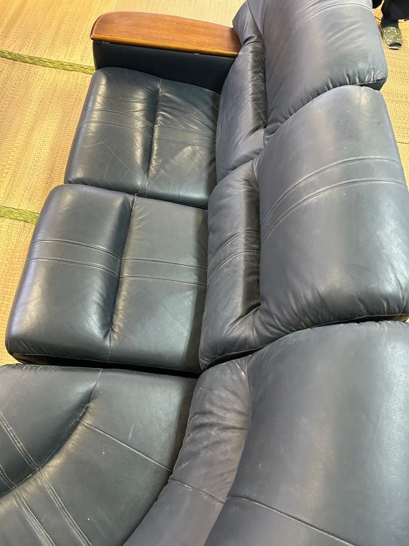 ダークブルー レザー コーナーソファ