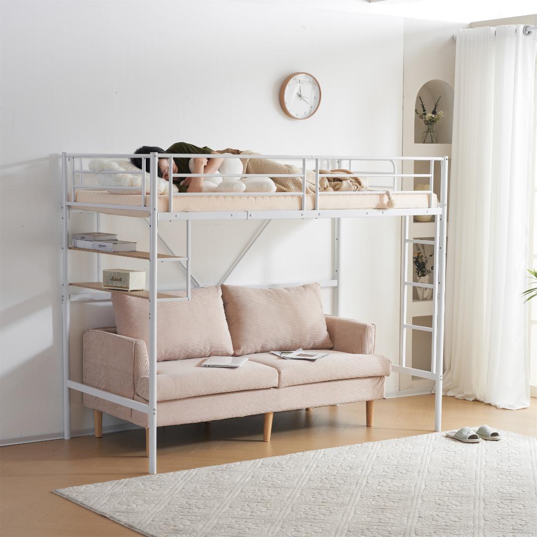 ロフトベッド　コントロール棚付き　シングルサイズ　北欧風　スチール製　WHITE