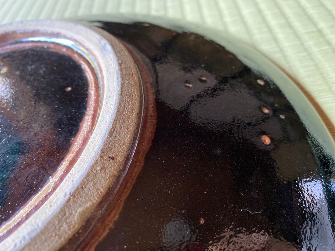 極上大皿！人間国宝濱田庄司作モダンな《黒釉錆流描大皿 》（検民芸スリップウェア