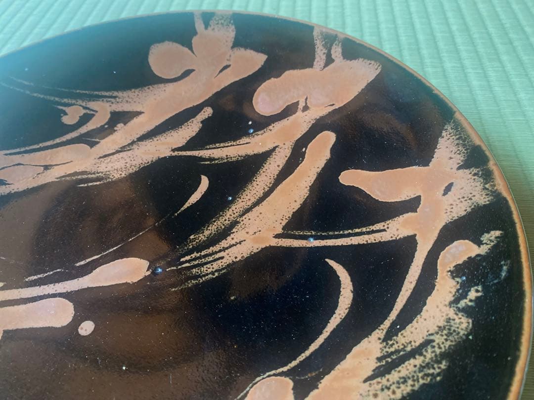 極上大皿！人間国宝濱田庄司作モダンな《黒釉錆流描大皿 》（検民芸スリップウェア