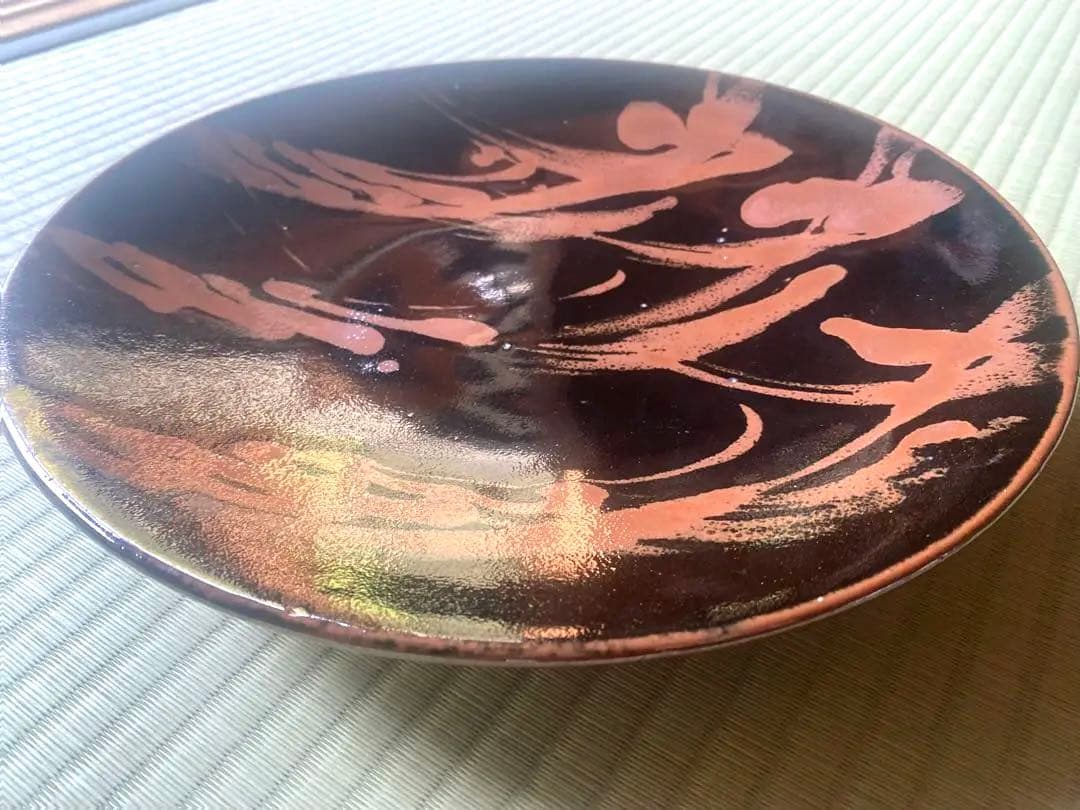 極上大皿！人間国宝濱田庄司作モダンな《黒釉錆流描大皿 》（検民芸スリップウェア