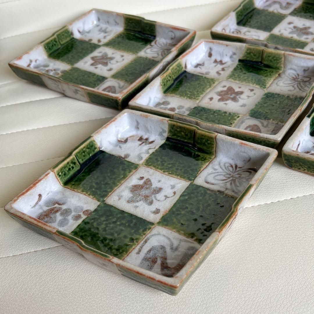 たち吉瀬戸焼織部市松菱形 小皿5枚