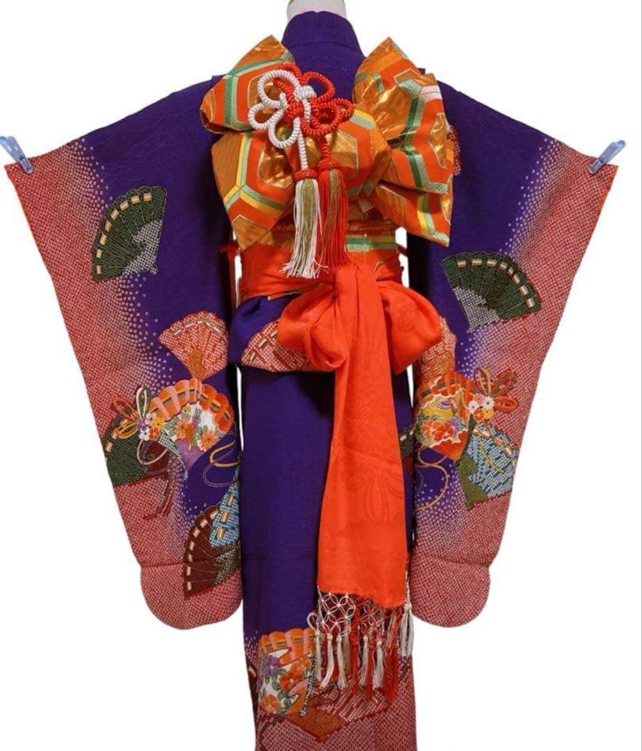 紫　七五三　7歳　女の子　セット　一式　絞り風　鹿の子　ポリエステル