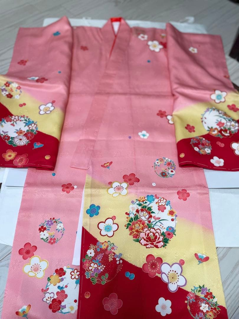 七五三 着物セット 赤とピンク 花柄　正絹