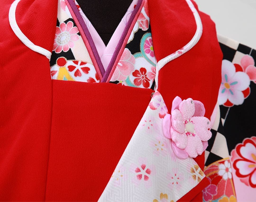 七五三3歳被布赤とピンクの花柄着物
