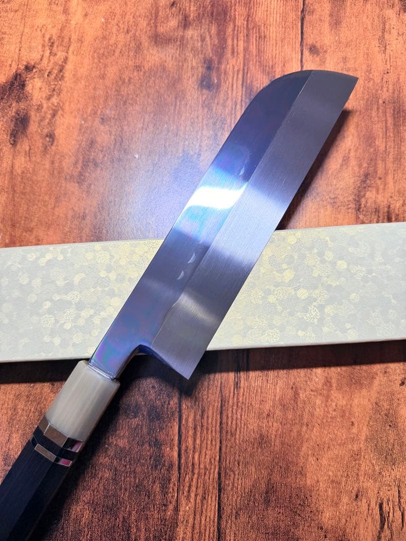 白木作　薄刃 鎌型　水本焼　青鋼　包丁　鏡面　7.5寸　片刃　黒檀両白水牛八角柄