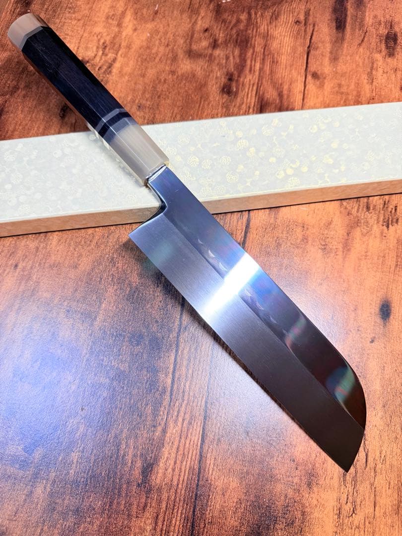 白木作　薄刃 鎌型　水本焼　青鋼　包丁　鏡面　7.5寸　片刃　黒檀両白水牛八角柄
