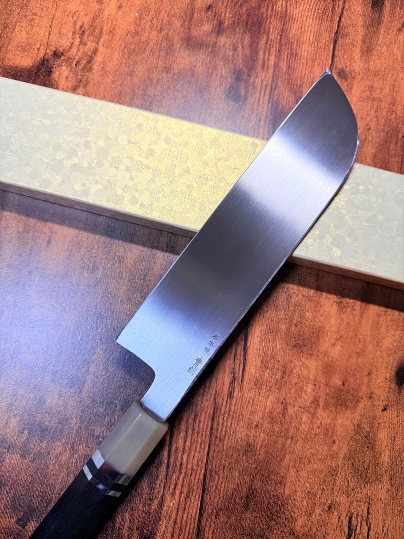 白木作　薄刃 鎌型　水本焼　青鋼　包丁　鏡面　7.5寸　片刃　黒檀両白水牛八角柄