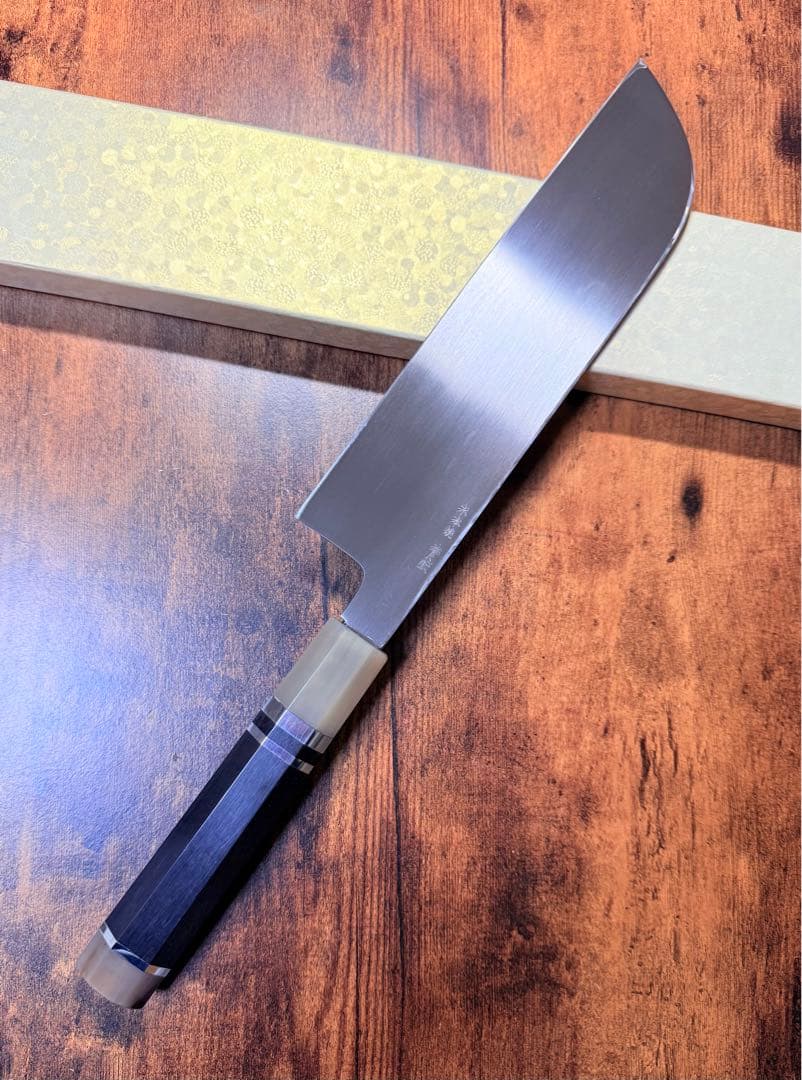 白木作　薄刃 鎌型　水本焼　青鋼　包丁　鏡面　7.5寸　片刃　黒檀両白水牛八角柄