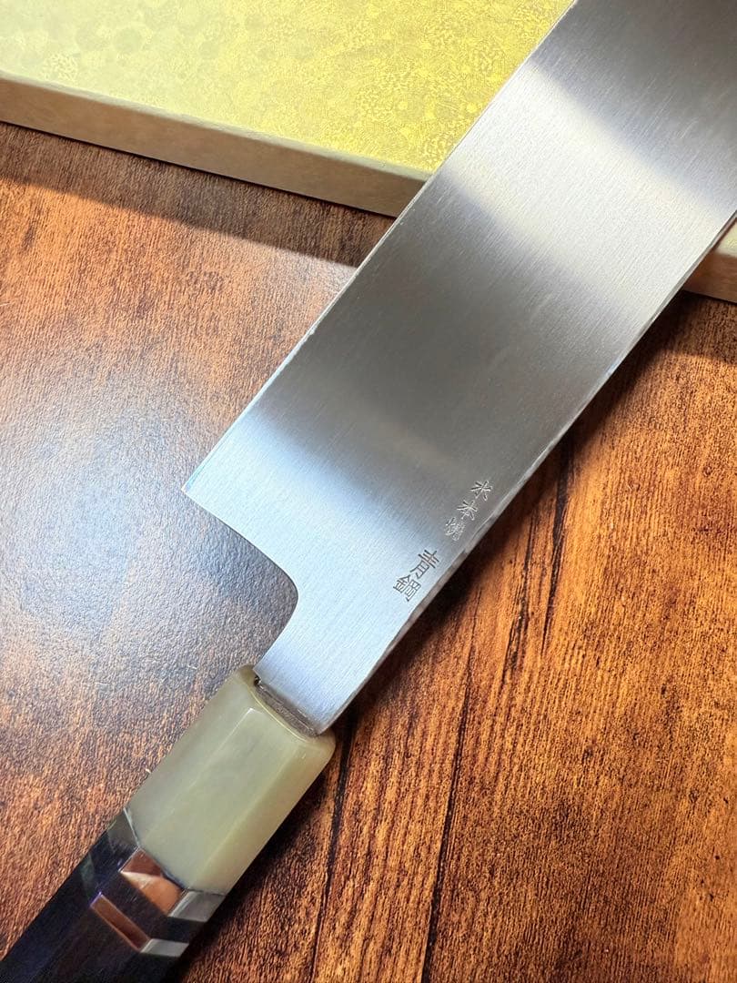 白木作　薄刃 鎌型　水本焼　青鋼　包丁　鏡面　7.5寸　片刃　黒檀両白水牛八角柄
