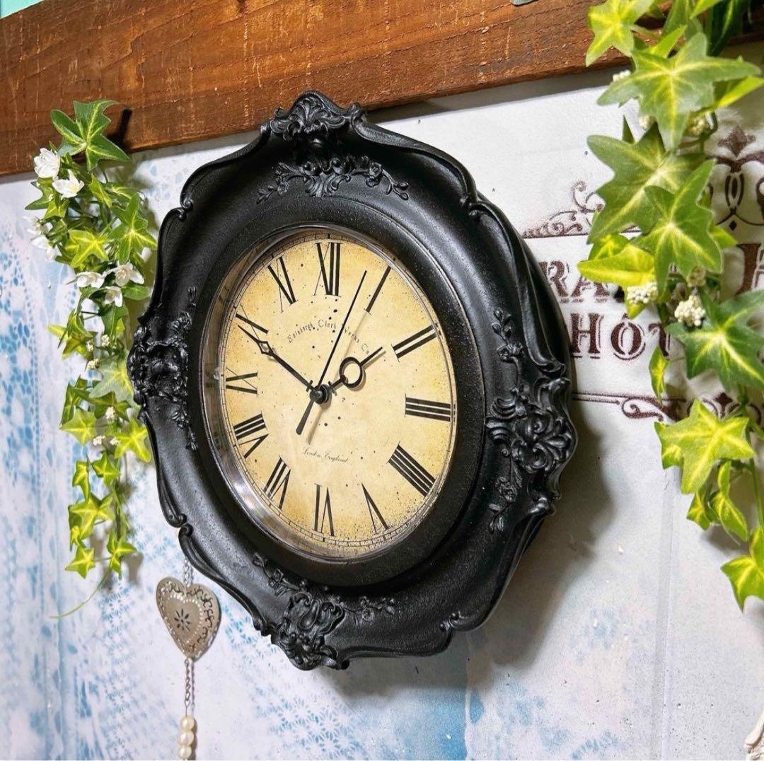 アンティーク雑貨 ロココ調 ウォールクロック（ブラック②） 壁掛け時計