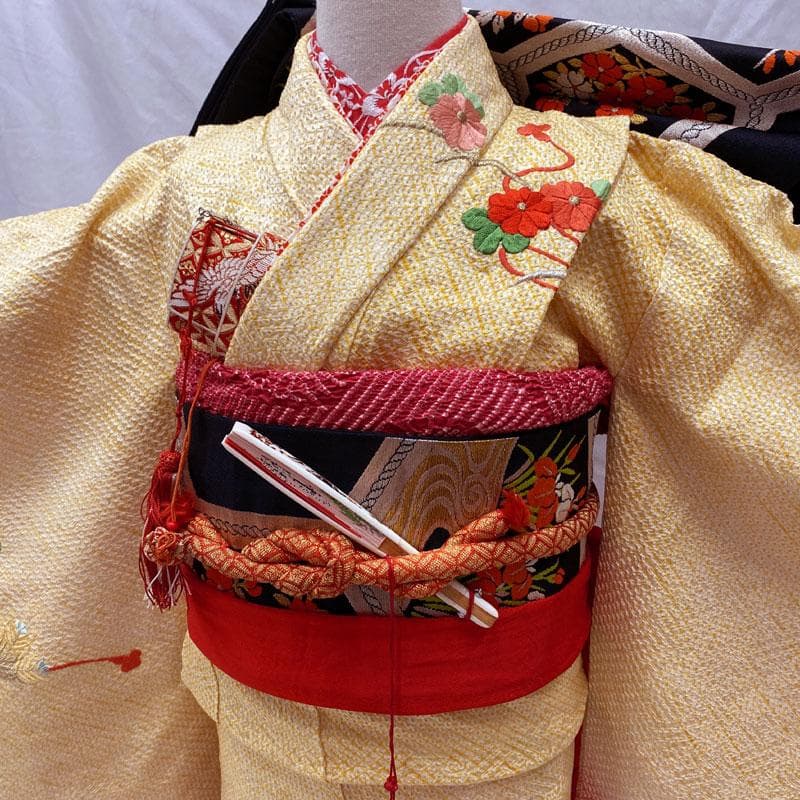 509ag26◎七五三 七歳 女児 着物&袋帯 総絞り 金駒刺繍 刺繍 黄赤◎