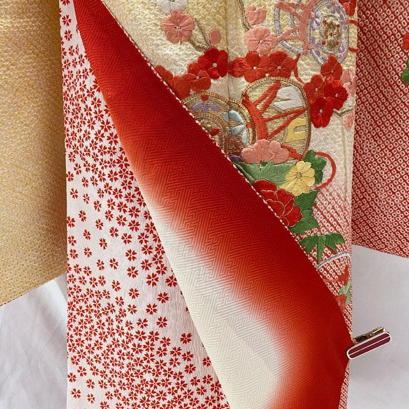 509ag26◎七五三 七歳 女児 着物&袋帯 総絞り 金駒刺繍 刺繍 黄赤◎