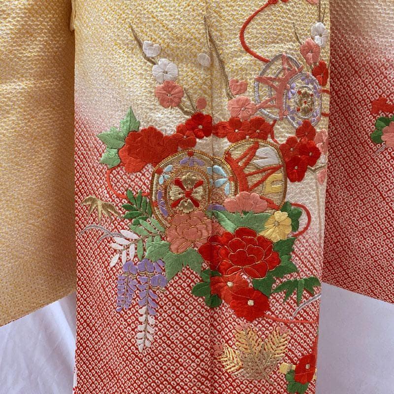 509ag26◎七五三 七歳 女児 着物&袋帯 総絞り 金駒刺繍 刺繍 黄赤◎