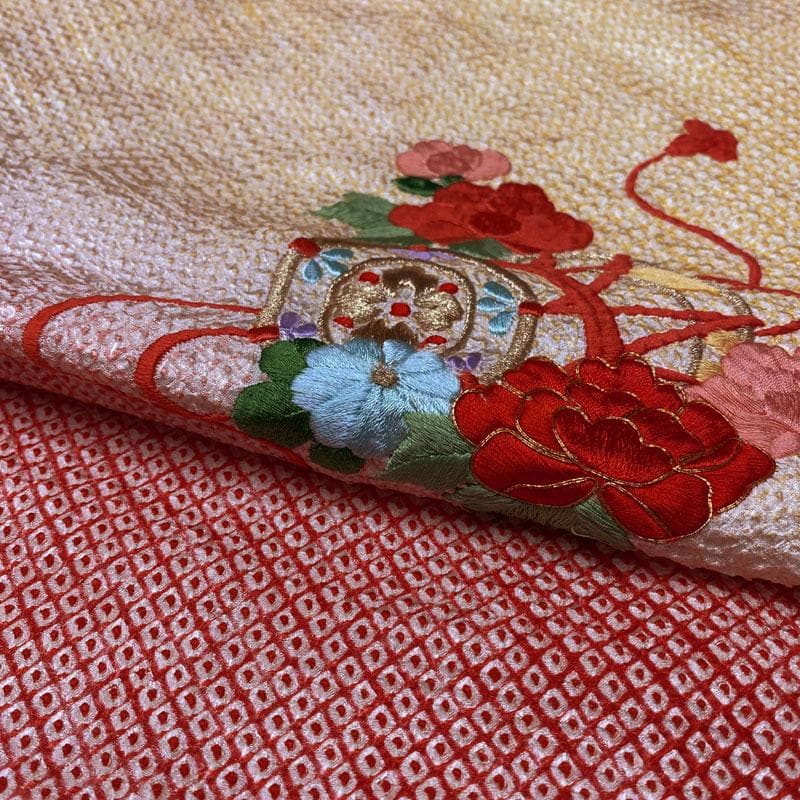 509ag26◎七五三 七歳 女児 着物&袋帯 総絞り 金駒刺繍 刺繍 黄赤◎