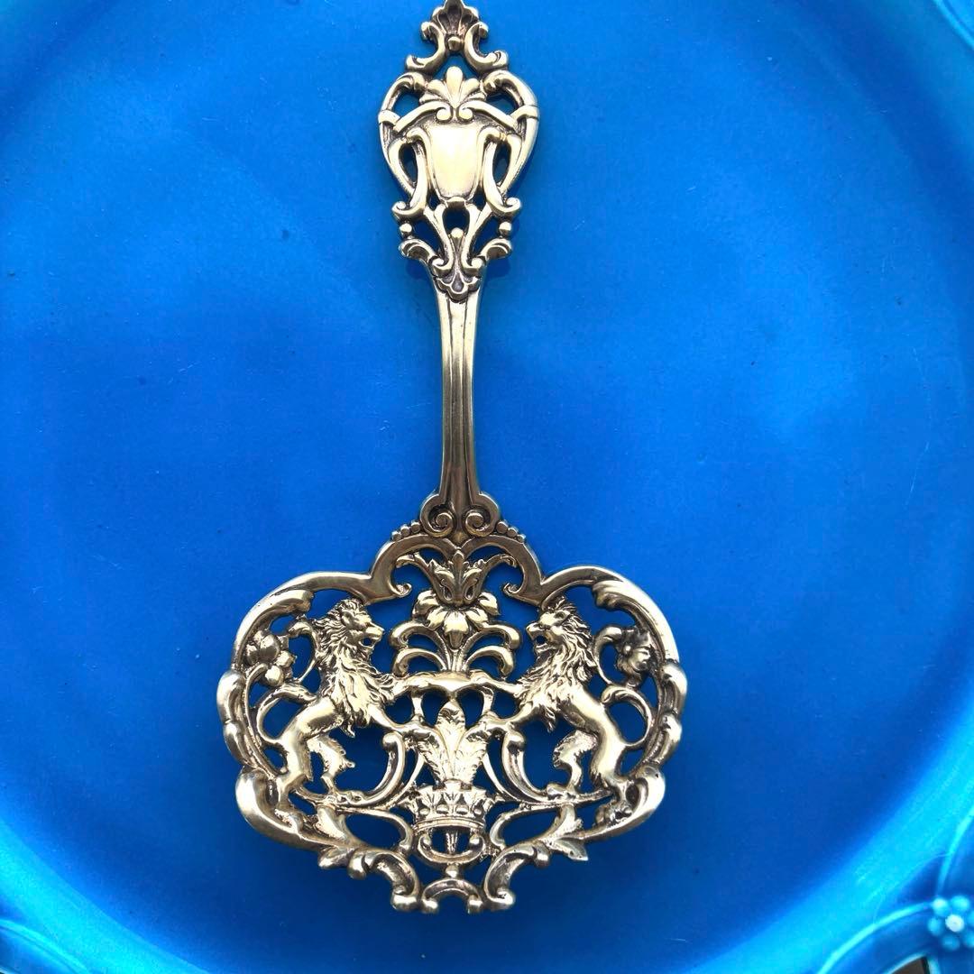 純銀鍍金　透かし王冠ライオン　ナッツスプーン