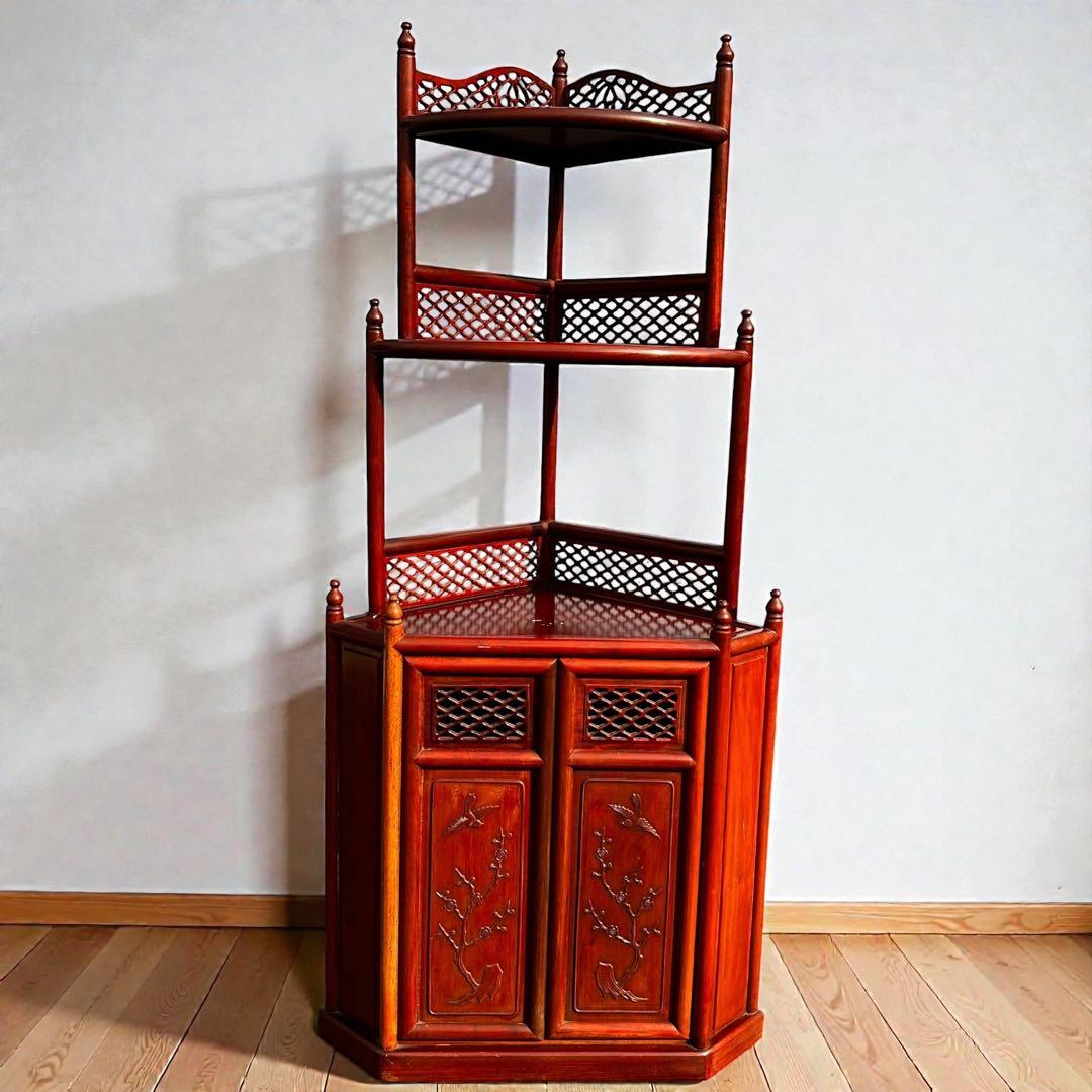 稀少✨送料無料✨唐木家具 無垢材 コーナーラック 飾り棚 中国家具 彫刻棚 収納