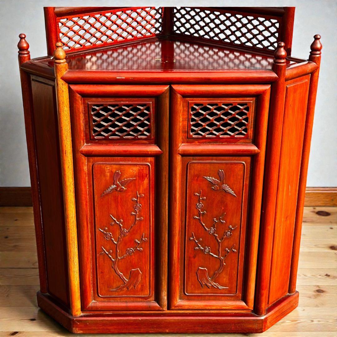 稀少✨送料無料✨唐木家具 無垢材 コーナーラック 飾り棚 中国家具 彫刻棚 収納