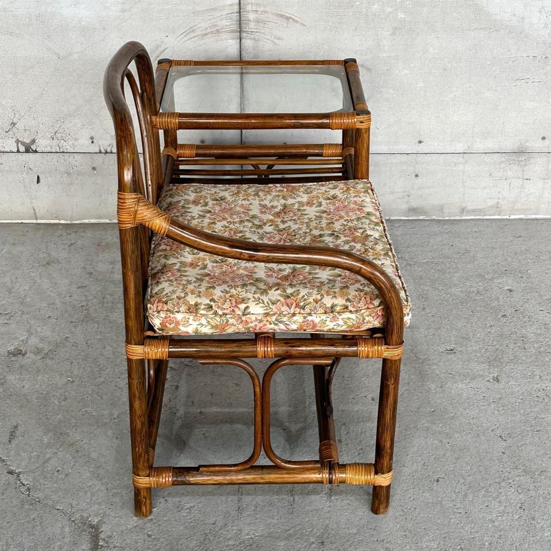 ✿80s✿ 昭和レトロ ラタンアームチェア サイドテーブル一体型ガラストップ