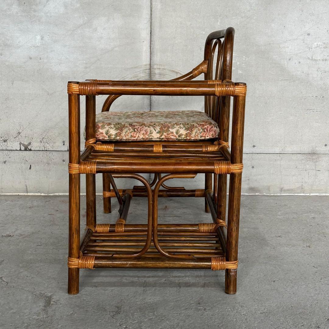 ✿80s✿ 昭和レトロ ラタンアームチェア サイドテーブル一体型ガラストップ