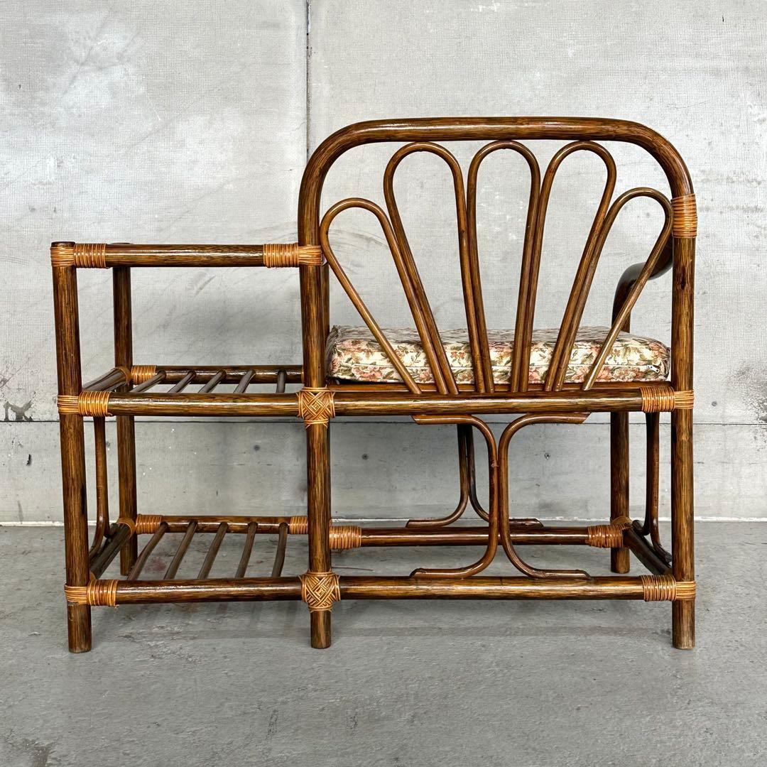 ✿80s✿ 昭和レトロ ラタンアームチェア サイドテーブル一体型ガラストップ