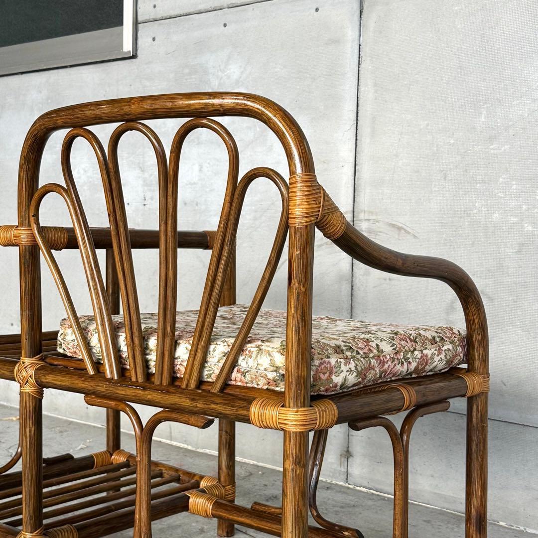 ✿80s✿ 昭和レトロ ラタンアームチェア サイドテーブル一体型ガラストップ