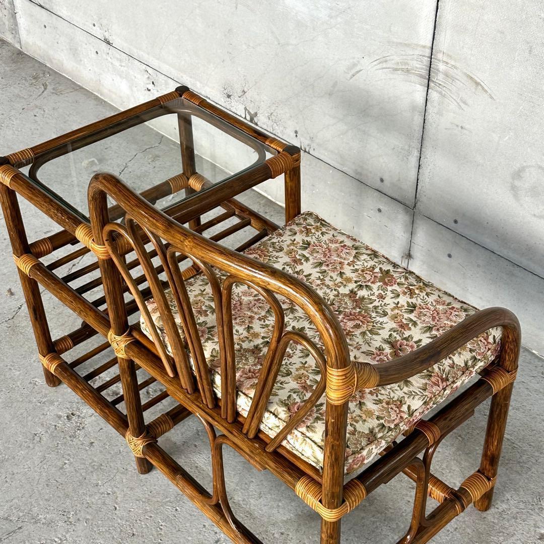 ✿80s✿ 昭和レトロ ラタンアームチェア サイドテーブル一体型ガラストップ