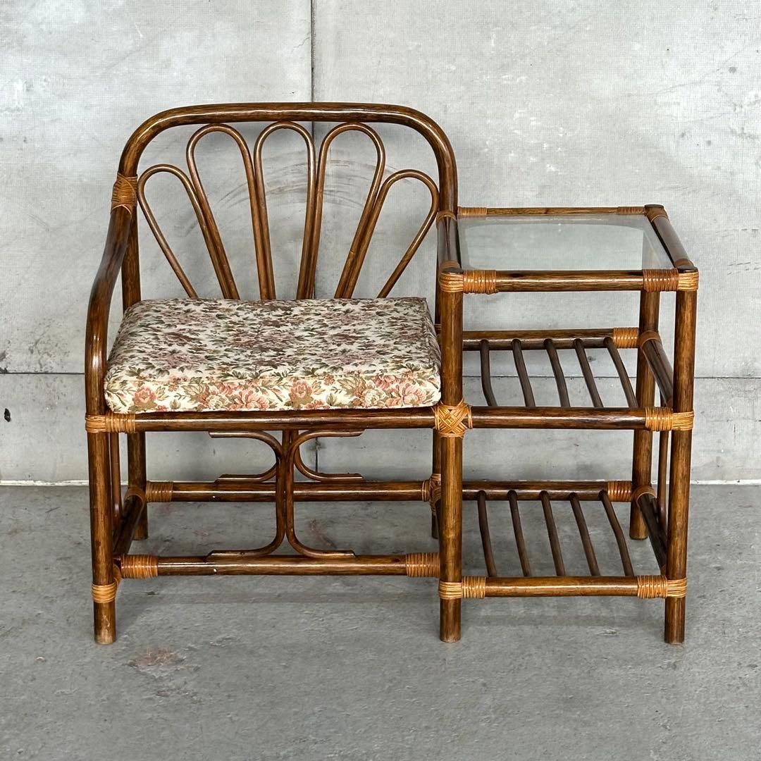 ✿80s✿ 昭和レトロ ラタンアームチェア サイドテーブル一体型ガラストップ