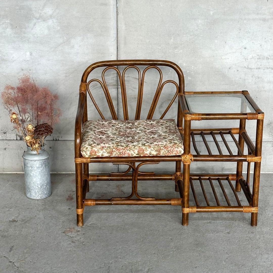 ✿80s✿ 昭和レトロ ラタンアームチェア サイドテーブル一体型ガラストップ