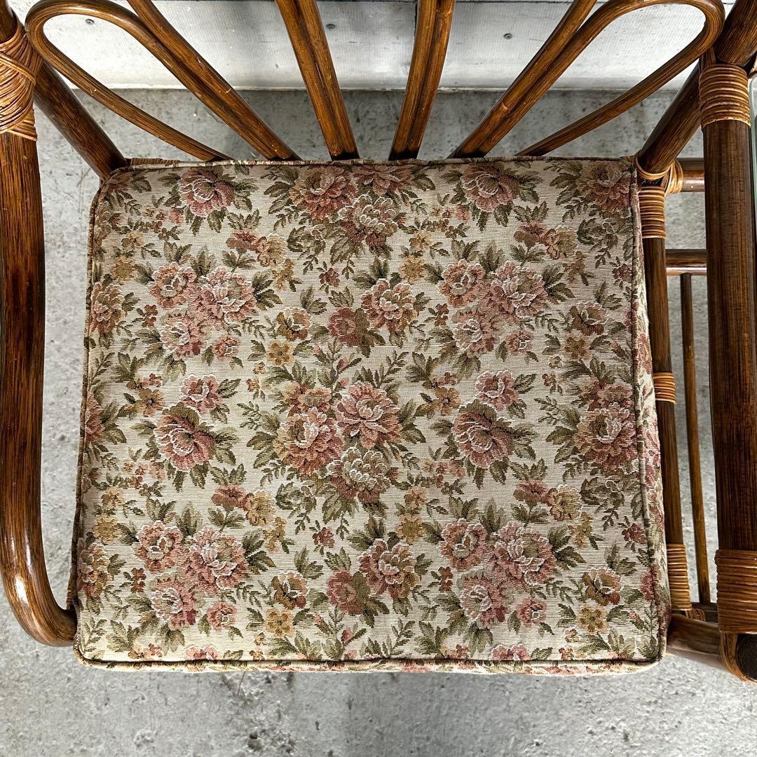 ✿80s✿ 昭和レトロ ラタンアームチェア サイドテーブル一体型ガラストップ