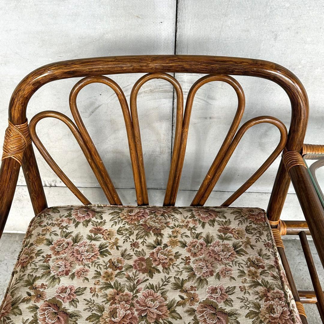 ✿80s✿ 昭和レトロ ラタンアームチェア サイドテーブル一体型ガラストップ