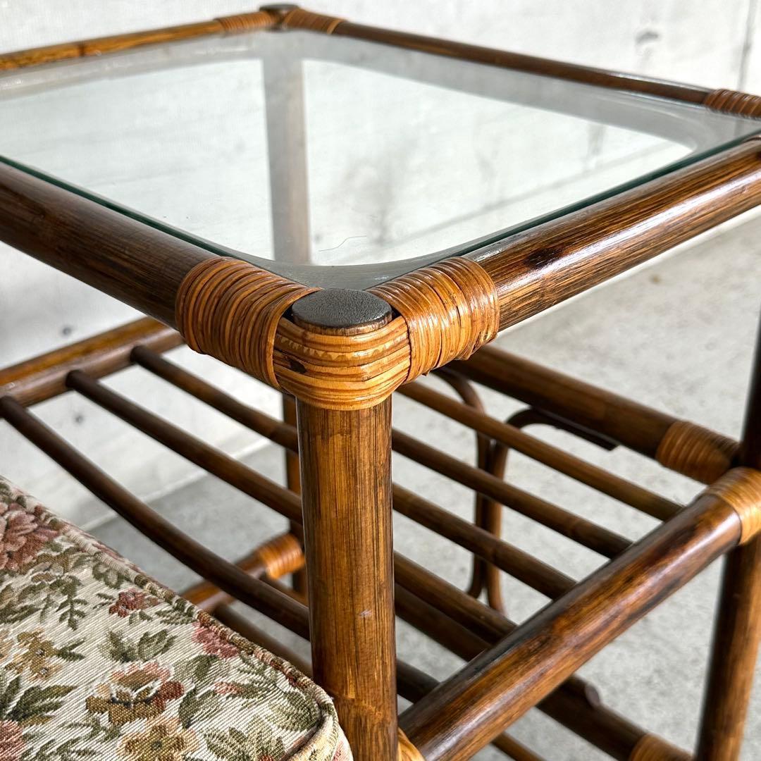 ✿80s✿ 昭和レトロ ラタンアームチェア サイドテーブル一体型ガラストップ