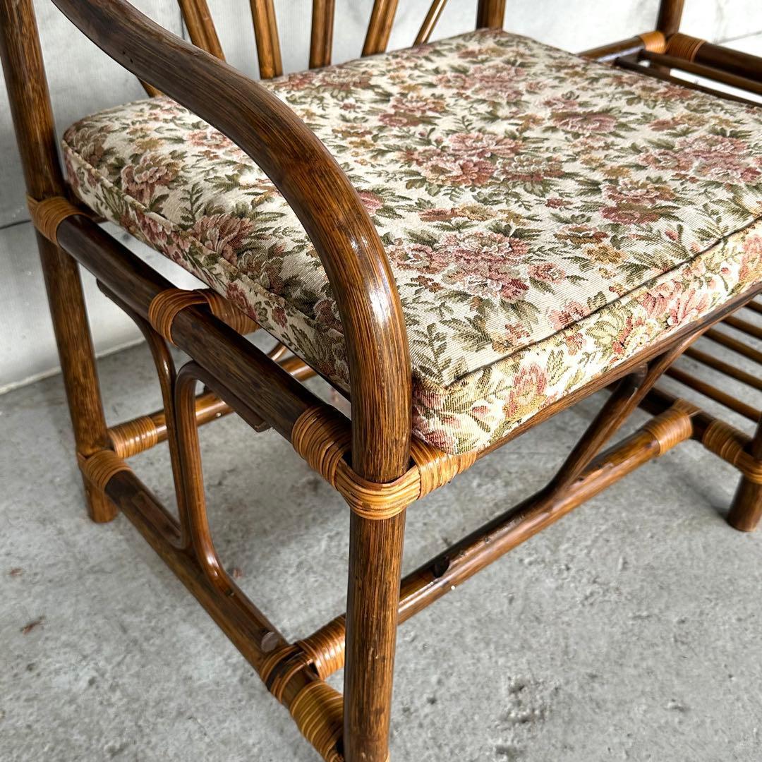 ✿80s✿ 昭和レトロ ラタンアームチェア サイドテーブル一体型ガラストップ