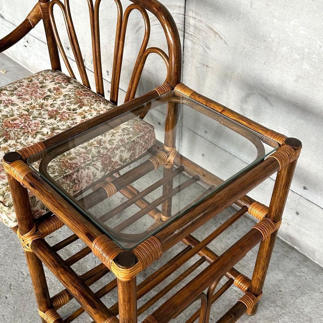 ✿80s✿ 昭和レトロ ラタンアームチェア サイドテーブル一体型ガラストップ