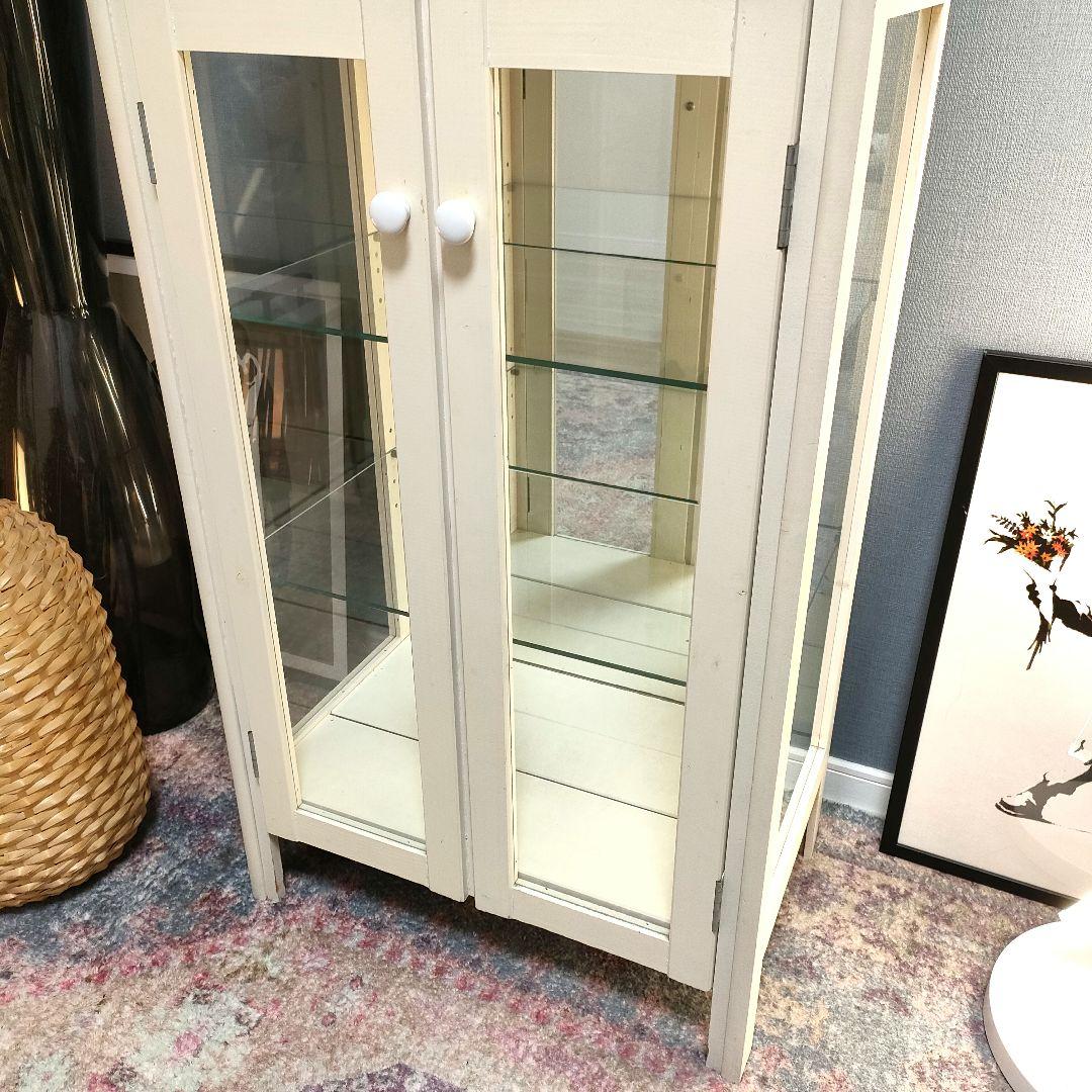 カントリーシャビー キュリオケース タイル天板 背面ミラー 引き出し付き