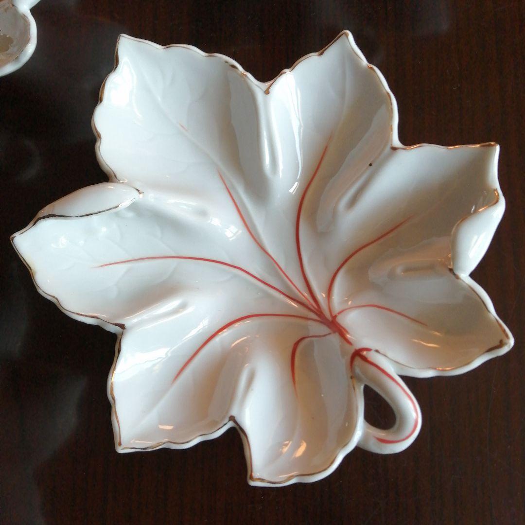 京焼　白磁紅葉形皿　5枚　18.6cm　大正～昭和初期