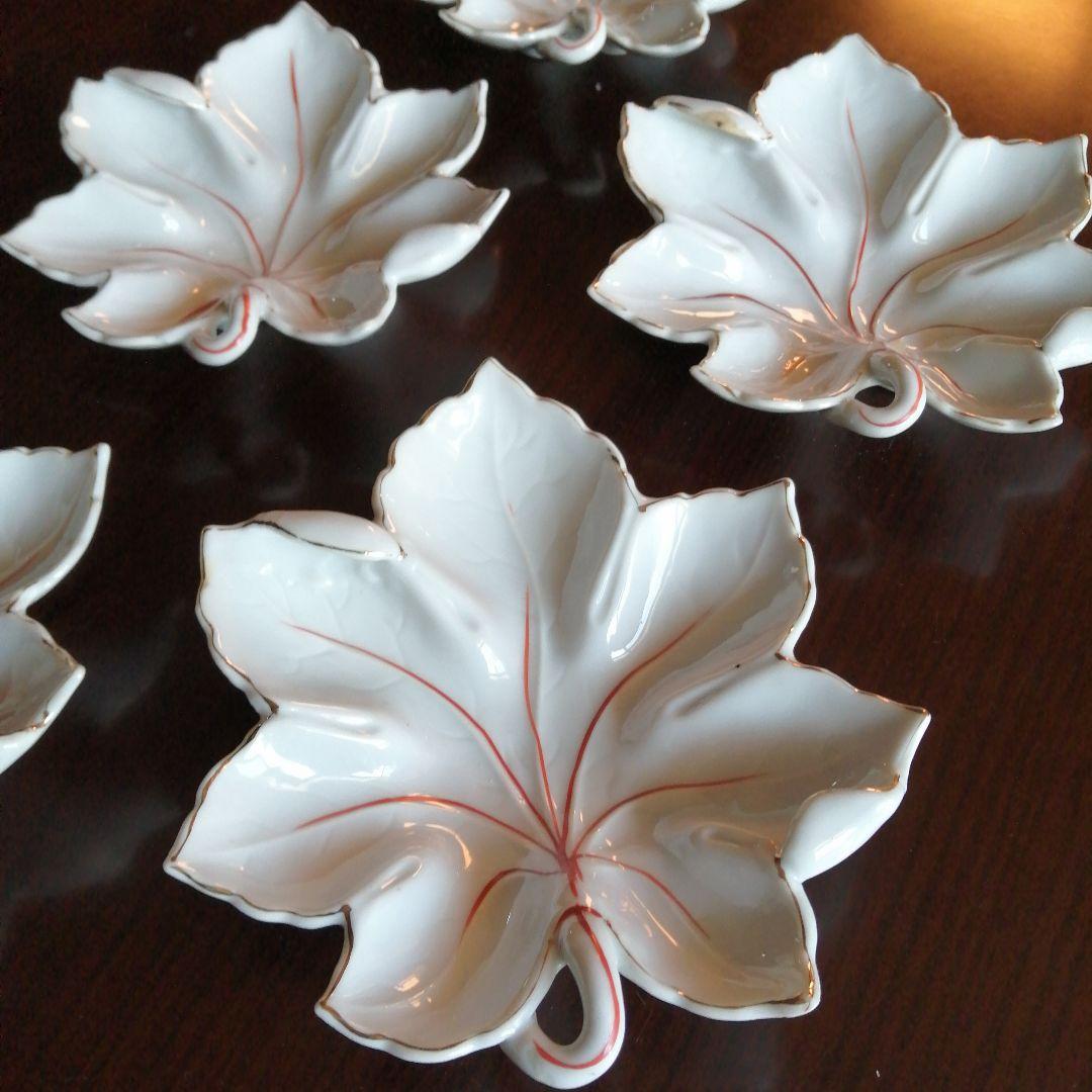 京焼　白磁紅葉形皿　5枚　18.6cm　大正～昭和初期