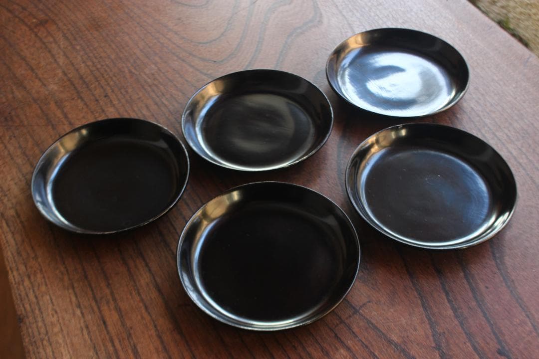 小傷有！シンプルデザインに時代黒漆の映える小皿5点（検輪島塗菓子皿
