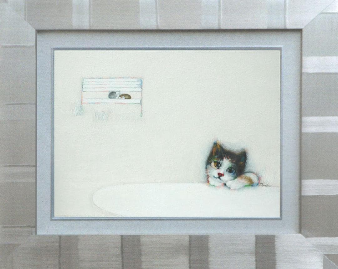 絵画額付( 青緑＋金色の枠) 油絵F4-030219 子猫（子犬）と女の子