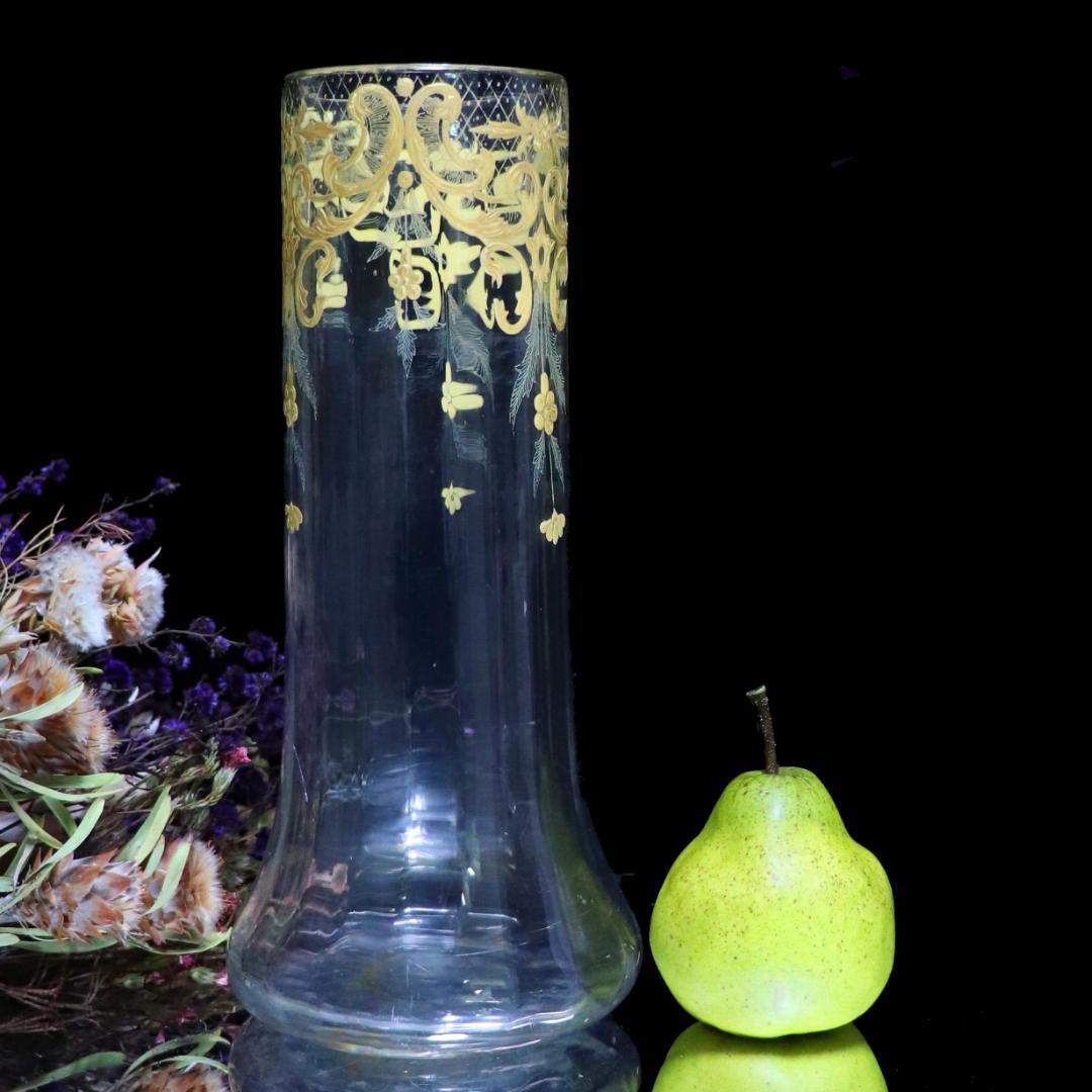 オールド・バカラ 1900年頃 草花文 金彩盛り上げ 大型 27.8cm 花瓶