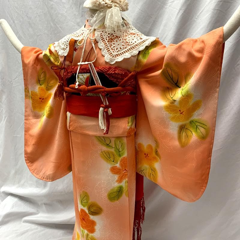509ag1□七五三 七歳 女児 着物&袋帯 ぼかし花柄 地紋□美品